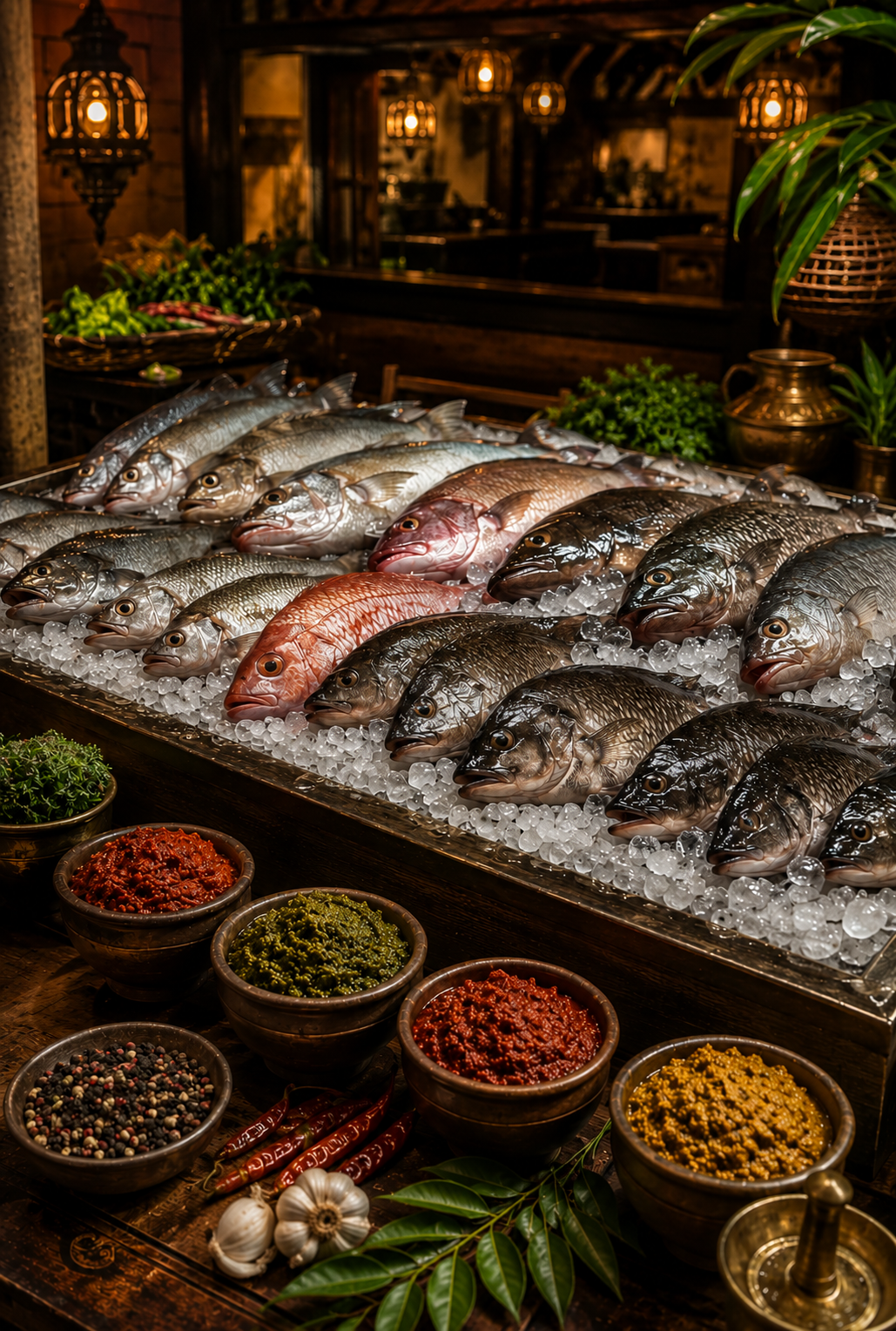 Live fish counter with fresh seafood selection